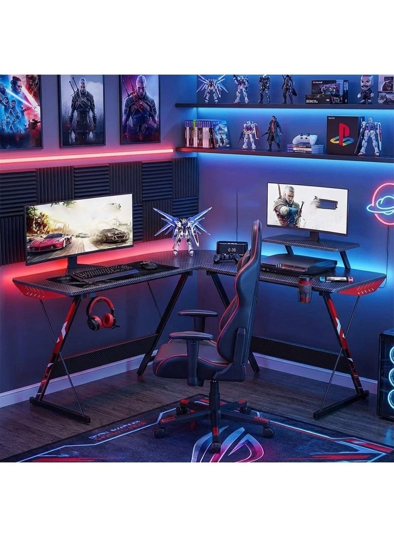 Anvanke 130CM L-Shaped Gaming Desk and Chair Set, Carbon Fiber Surface with Large Monitor Riser, Sturdy PC Workstation for Home Office & Gaming - Image 1